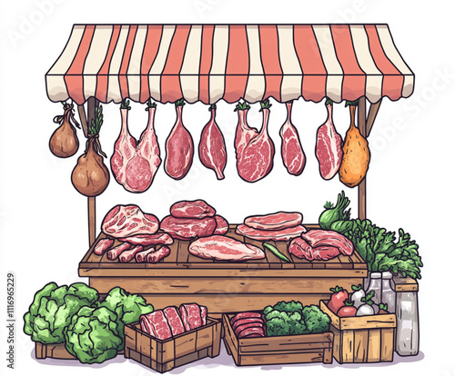 Illustration of meat shop, cartoon style, vector illustration with white background,