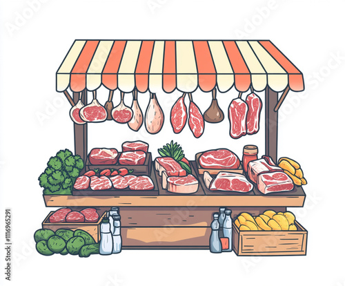Illustration of meat shop, cartoon style, vector illustration with white background,