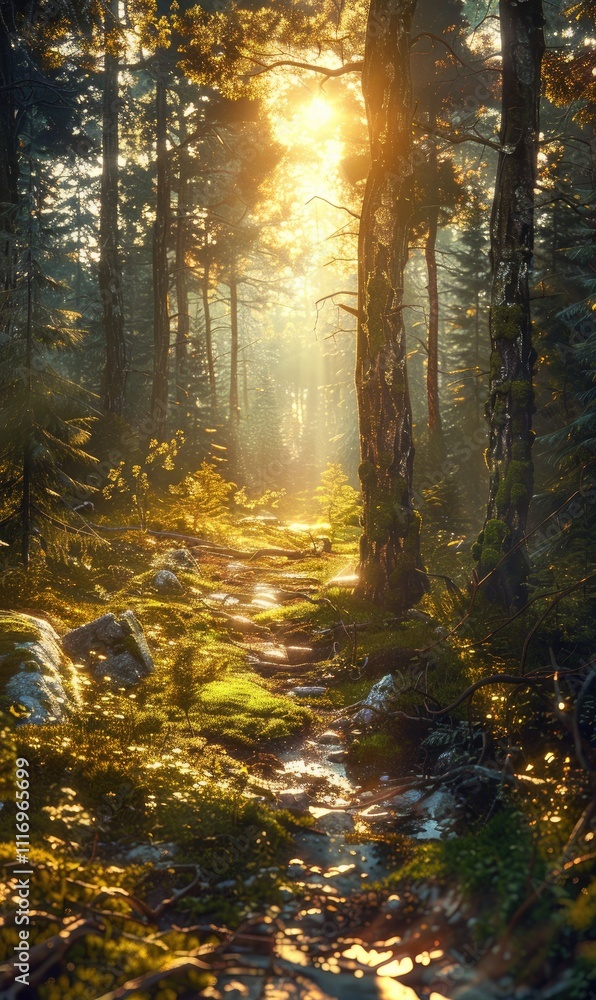 Green Wilderness Nature Depicting a Lush Forest Scene With sunshine and river ai generated Green Wilderness Nature Depicting a Lush Forest Scene With sunshine and river ai generated