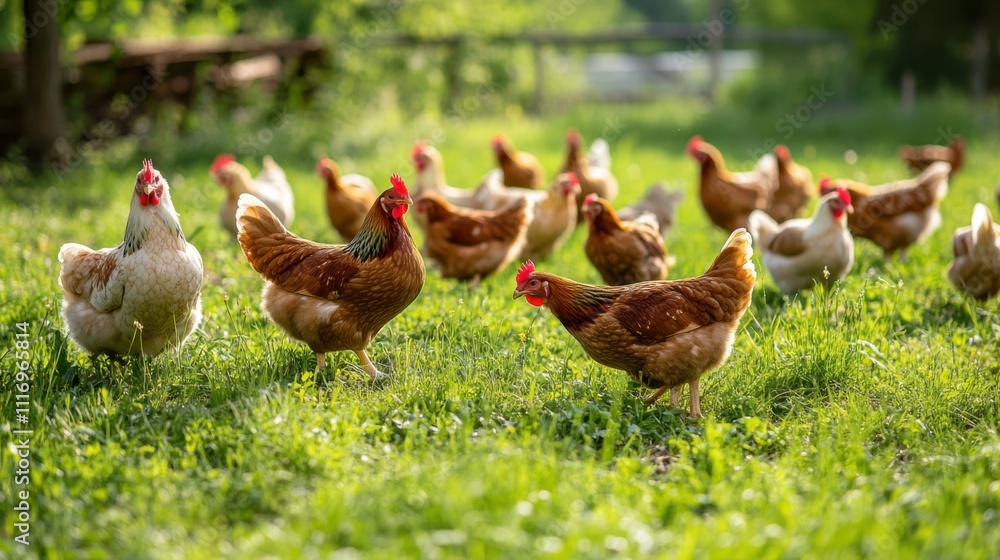 Fototapeta premium A Peaceful Scene of Free-Range Chickens Grazing in Lush Green Grass Underneath a Bright Sunlight with Trees in the Background, Perfect for Farm or Nature Themes