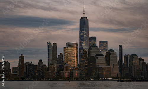 New York skyline of World Trade Center. Downtown Manhattan. Urban lifestyle in New York. Urban city life. Manhattan skyline. WTC.
