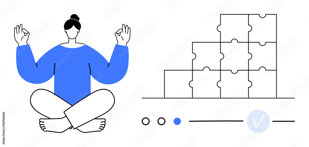 Meditating person in yoga pose with hands in mudra, seated cross-legged next to stacked puzzle pieces. Ideal for mindfulness, mental health, problem-solving, meditation apps, wellness programs Meditating person in yoga pose with hands in mudra, seated cross-legged next to stacked puzzle pieces. Ideal for mindfulness, mental health, problem-solving, meditation apps, wellness programs