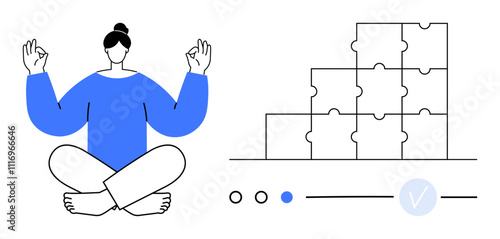 Meditating person in yoga pose with hands in mudra, seated cross-legged next to stacked puzzle pieces. Ideal for mindfulness, mental health, problem-solving, meditation apps, wellness programs