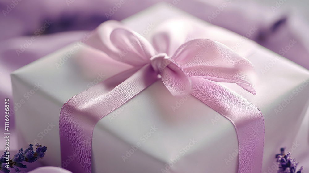 A white gift box with a lavender ribbon, featuring pastel pink and purple colors, appears delicate and elegant under soft lighting A white gift box with a lavender ribbon, featuring pastel pink and purple colors, appears delicate and elegant under soft lighting