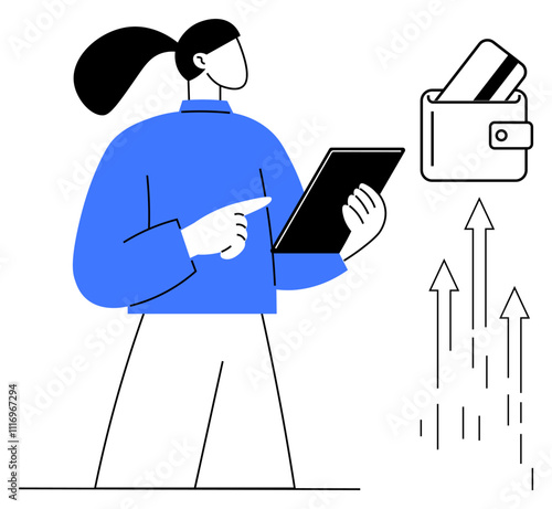 Woman in blue shirt holding and pointing at tablet. Wallet with cards beside upward arrows indicating financial growth and success. Ideal for business, finance, technology, sales growth, digital