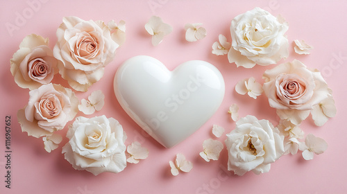White heart and roses on a pink background, a flat lay composition, a pastel color theme, a minimalistic concept