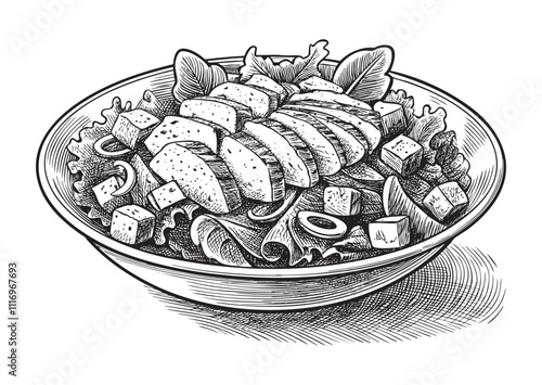Caesar salad with chicken on bowl engraving vector illustration