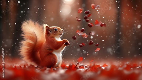 Red Squirrel Gathering Autumn Berries in the Snow photo