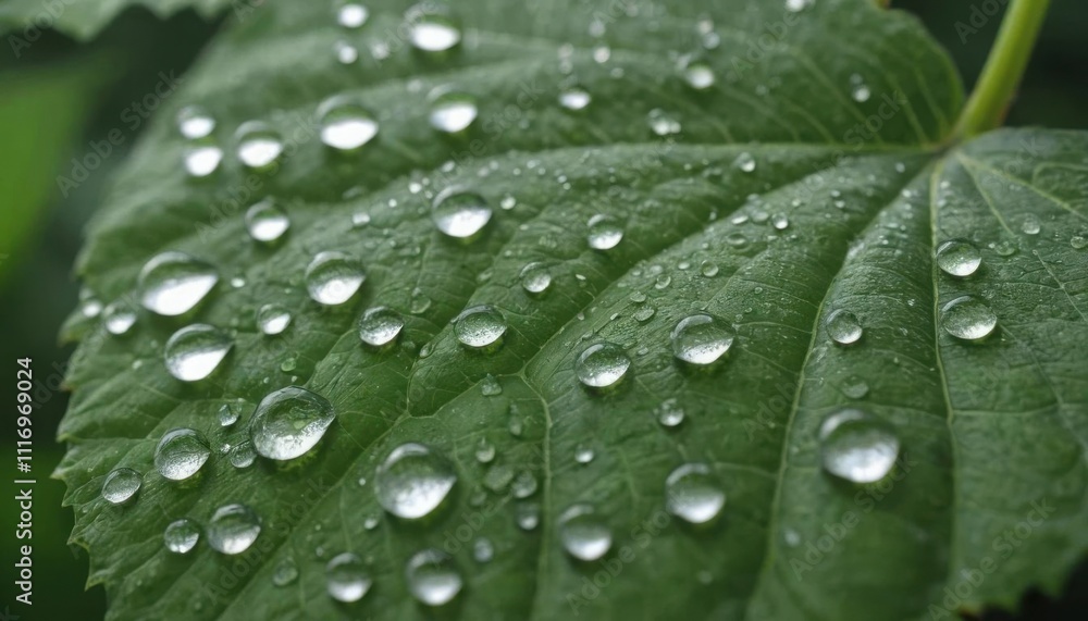 Close-up of dew drops on bright green leaves, zoomed in to highlight the intricate details of the water droplets, each droplet
Close-up of dew drops on bright green leaves, zoomed in to highlight the intricate details of the water droplets, each droplet