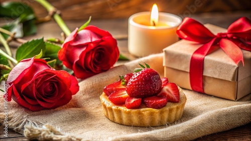 Closeup of a Strawberry Pastry Surrounded by Romantic Decor with Red Roses, a Lit Candle, and a Gift Box on Soft Beige Fabric for a Cozy Indulgent Scene