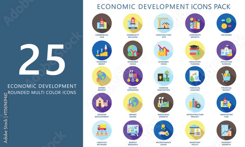 Economic development rounded color icons set. contain construction site, crisis, exchange, investment, innovation, export and more. Vector EPS 10 for UI or UX kit, web and app, business, finance.