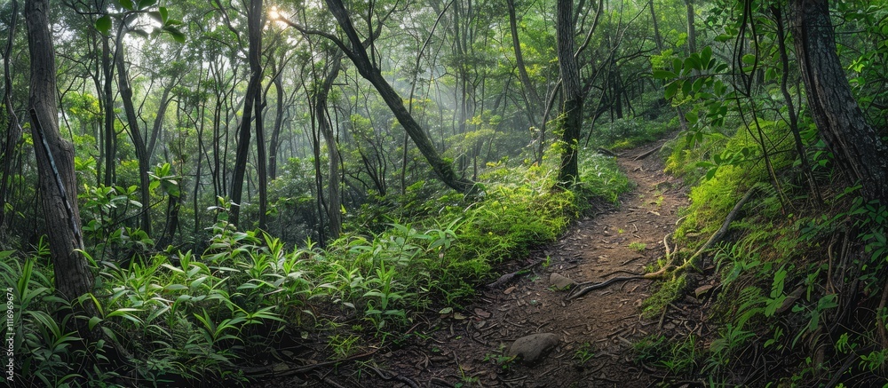 Obraz premium Sunlit Trail Through the Dense Forest