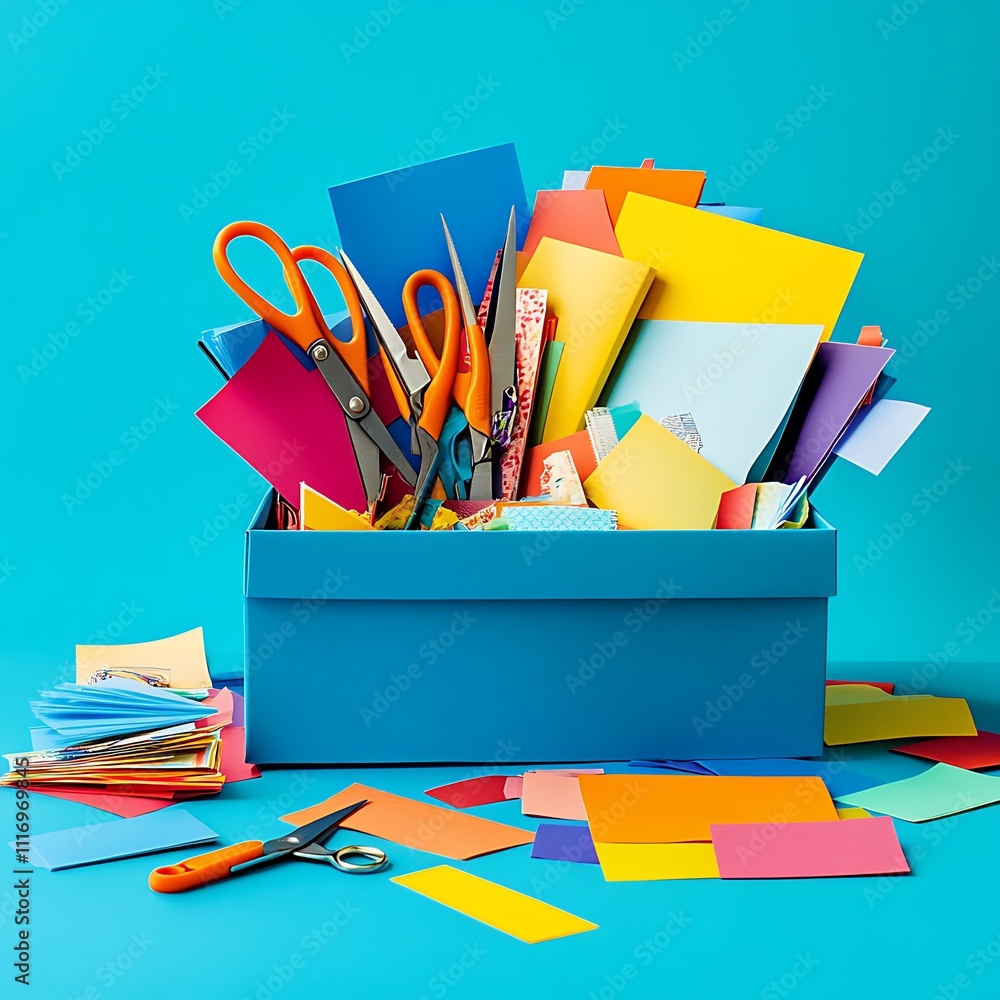 Fototapeta premium Colorful craft supplies overflowing from a blue box on a blue background.
