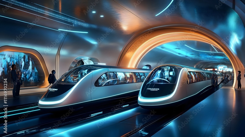 Fototapeta premium Futuristic high-speed trains at a modern station platform.