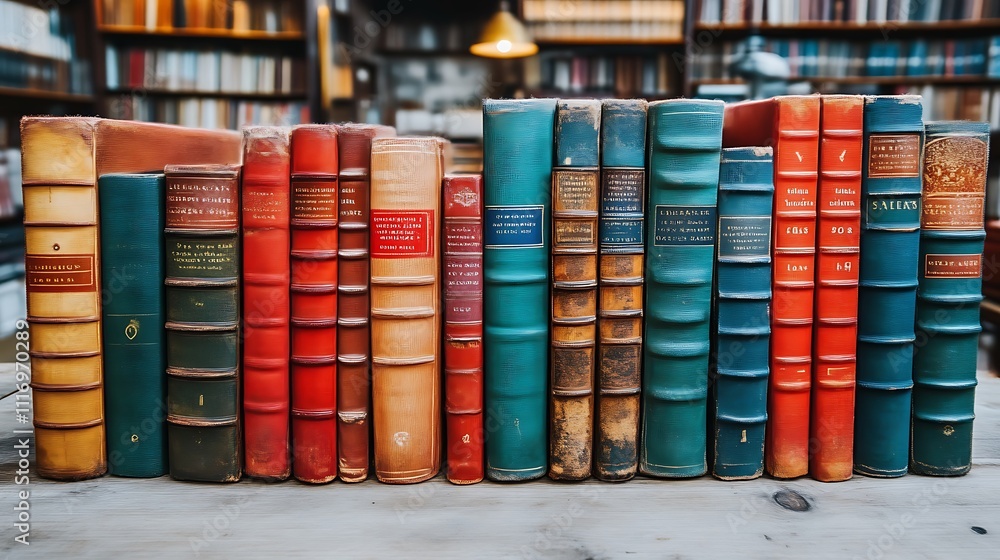 Antique Books Line Up On Wooden Shelf In Library Antique Books Line Up On Wooden Shelf In Library