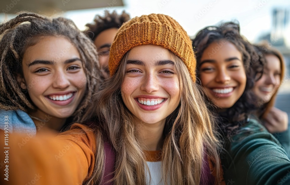 Happy friends taking selfie outdoors enjoying summer laughter together in vibrant urban setting with diverse young people Happy friends taking selfie outdoors enjoying summer laughter together in vibrant urban setting with diverse young people