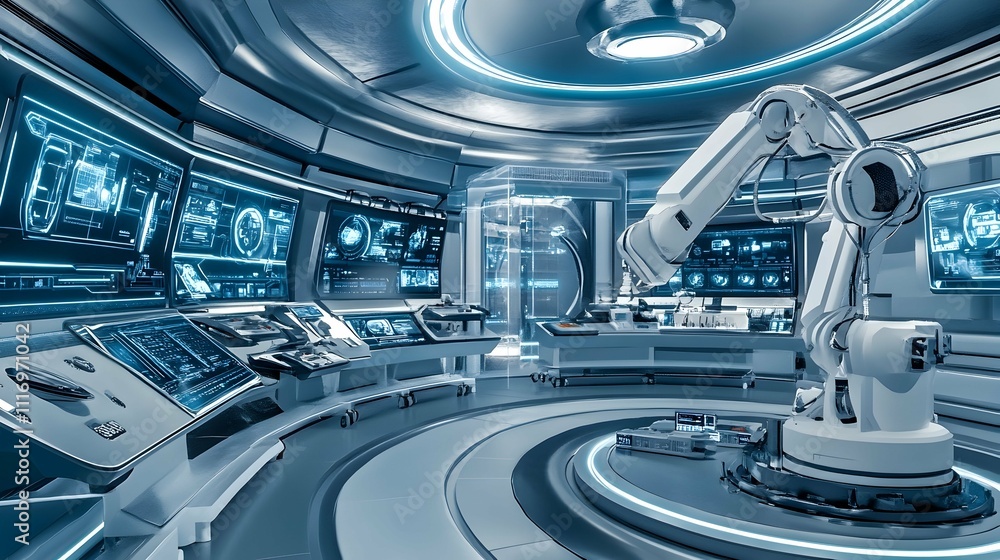 Futuristic laboratory interior with robotic arm and advanced technology. Futuristic laboratory interior with robotic arm and advanced technology.