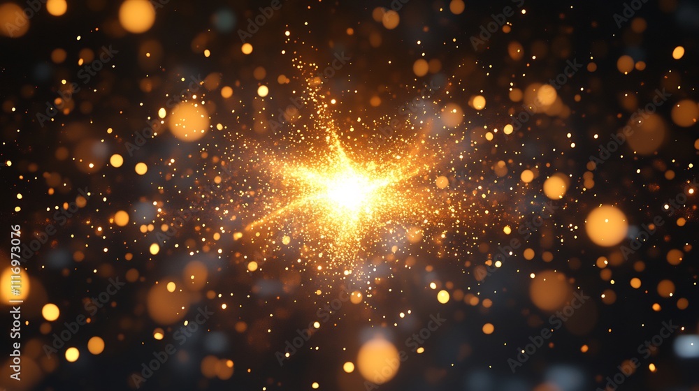 Glowing starburst with golden sparkles on dark background. Glowing starburst with golden sparkles on dark background.