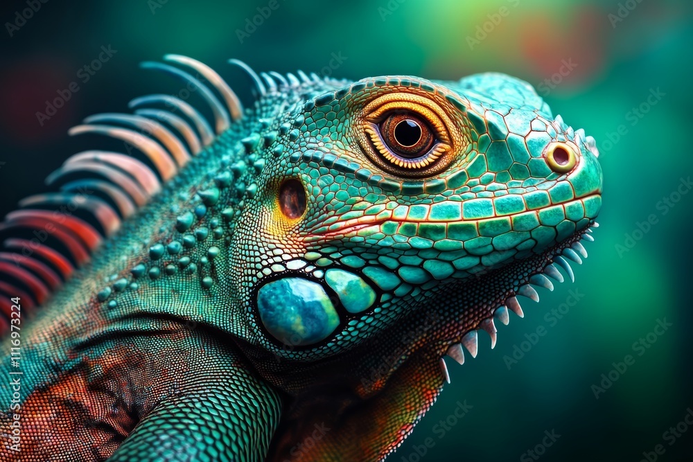 Close-up of Vibrant Green Iguana with Orange and Yellow Stripes Close-up of Vibrant Green Iguana with Orange and Yellow Stripes
