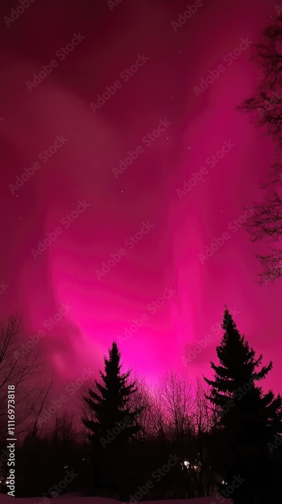Pink Aurora Borealis Lights Night Sky Trees Pink Aurora Borealis Lights Night Sky Trees