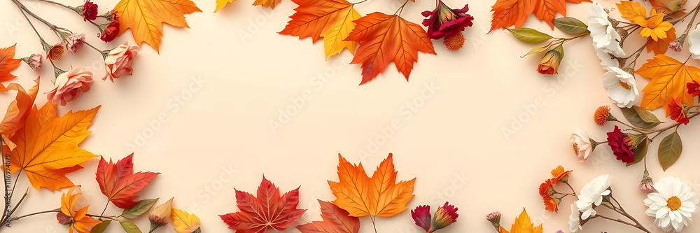 Obraz premium Autumn floral arrangement with vibrant leaves and flowers on beige background, creating warm fall theme. Perfect for seasonal decor and celebrations