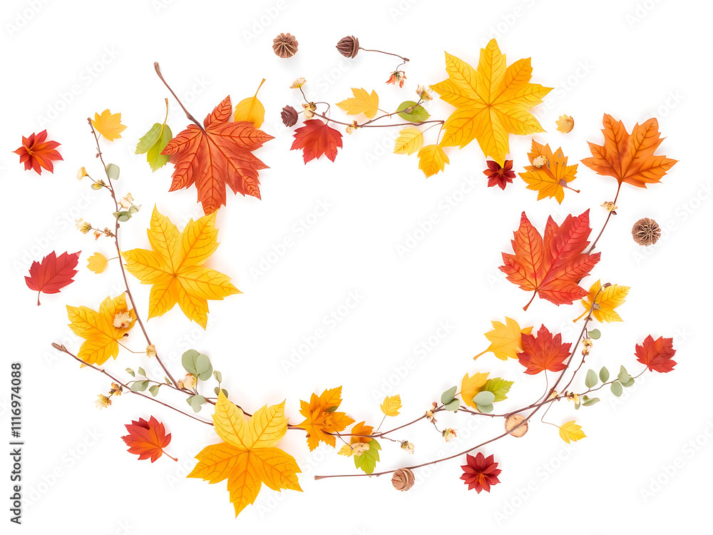 Fototapeta premium Autumn leaves and flowers create vibrant flat lay background, showcasing nature beauty with warm colors and delicate details. Perfect for seasonal themes