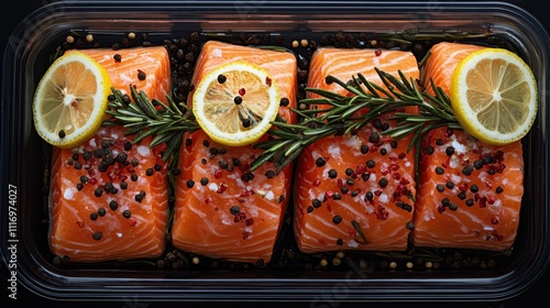 Vibrant and fresh raw salmon fillets seasoned with peppercorns, rosemary, and lemon slices. Perfect for healthy meal prep or gourmet seafood dishes 