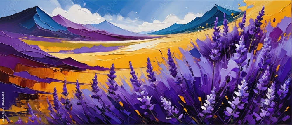 Lavender Fields Under Vibrant Skies with Majestic Mountains in a Captivating Colorful Landscape Lavender Fields Under Vibrant Skies with Majestic Mountains in a Captivating Colorful Landscape