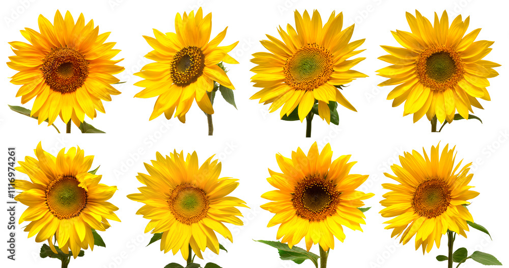 Sunflowers head collection isolated on white background. Sun symbol. Flowers yellow, agriculture. Seeds and oil. Flat lay, top view Sunflowers head collection isolated on white background. Sun symbol. Flowers yellow, agriculture. Seeds and oil. Flat lay, top view