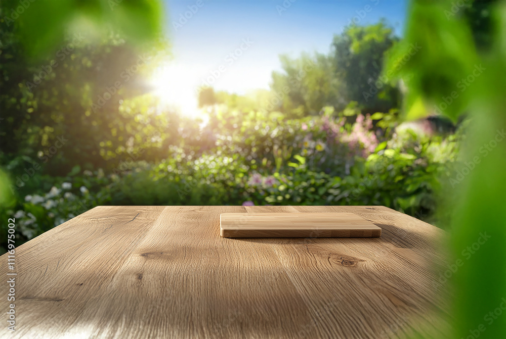 Wooden counter and cutting board in sunny green garden Wooden counter and cutting board in sunny green garden