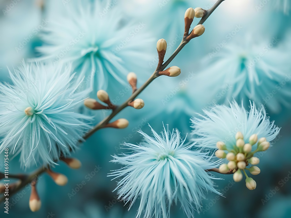 Fototapeta premium Close up of fluffy willow branches blooming in spring, showcasing soft turquoise blue tones against blurred background, evoking serene and tranquil atmosphere