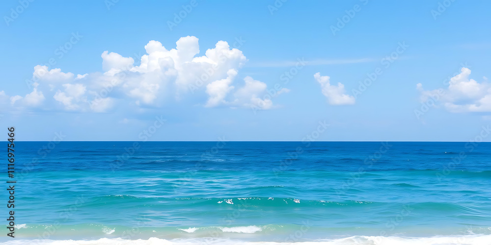 Fototapeta premium serene view of ocean under clear blue sky with fluffy clouds, creating peaceful atmosphere. gentle waves reflect sunlight beautifully, perfect for summer getaway