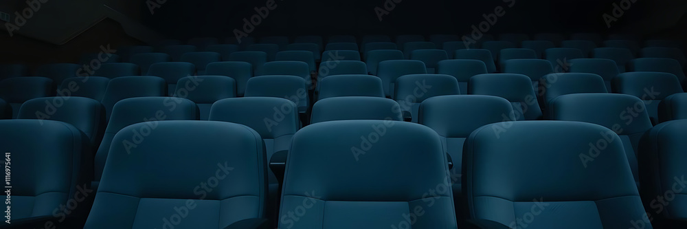 Fototapeta premium Close up shot of rows of empty cinema seats in spacious theater, evoking sense of anticipation and solitude