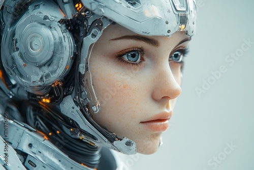 Futuristic Humanoid Robot Close-Up Illuminated by Soft Lighting Realistic Metallic Textures AI Assistant for Laboratory and Manufacturing photo