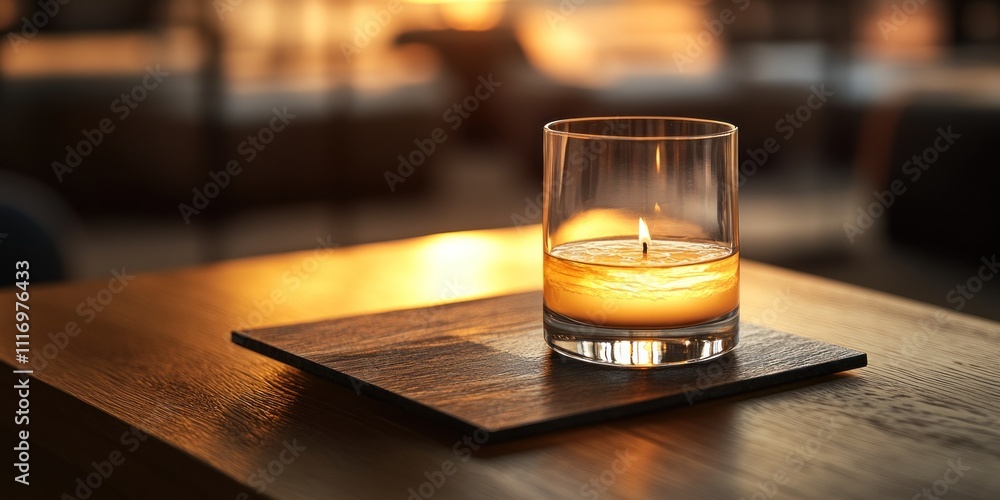 Lit candle in a glass holder on a wooden table Lit candle in a glass holder on a wooden table