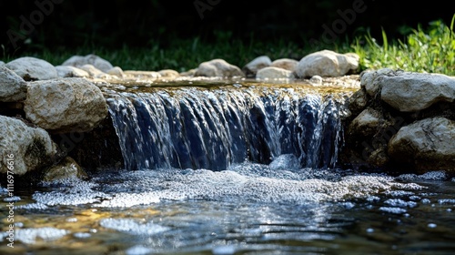 Mini waterfall with rocks and flowing water in nature