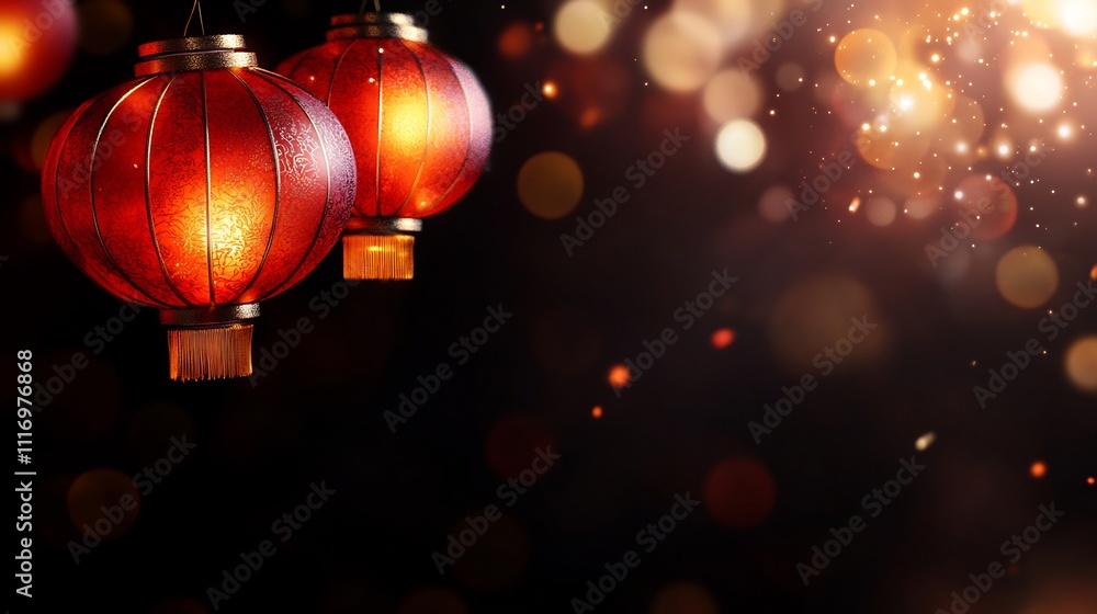 Illuminated red Chinese lanterns hanging against a dark, bokeh background. Illuminated red Chinese lanterns hanging against a dark, bokeh background.