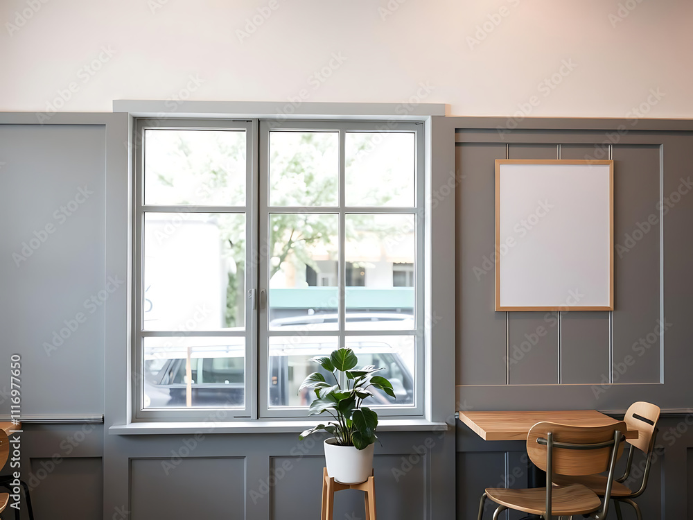 Fototapeta premium minimalist cafe interior featuring grey chairs, wooden table, and green plant in pot by large window, creating calm and inviting atmosphere