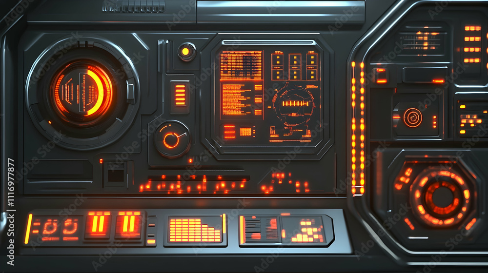 Futuristic spaceship control panel with glowing orange interface and various buttons, dials, and screens. Futuristic spaceship control panel with glowing orange interface and various buttons, dials, and screens.