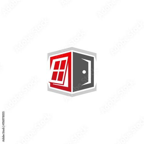 A stylized logo featuring a red window and a gray door, both open and set within a gray hexagonal frame