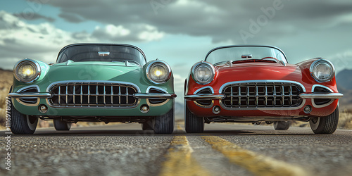Vintage green and red classic cars on a sunny road in the desert landscape  
