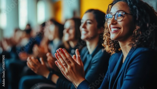 Colleagues Applauding Smiling in Modern Conference Setting photo