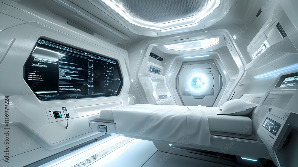 Futuristic white spaceship bedroom with bed, screen, and controls. Futuristic white spaceship bedroom with bed, screen, and controls.