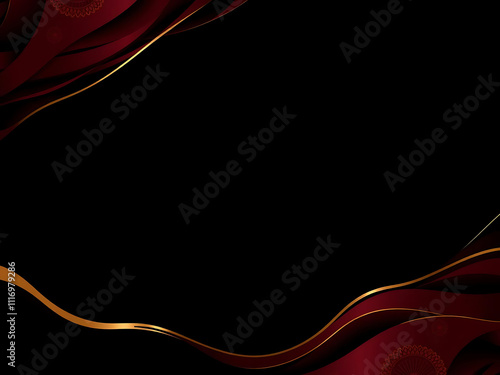 Rich burgundy waves with elegant black and gold accents create moody abstract background, perfect for copy space and artistic designs