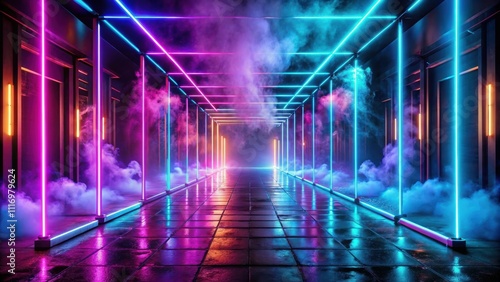 Futuristic abstract neon empty street background with neon light and smoke, futuristic, abstract, neon, empty, street, background