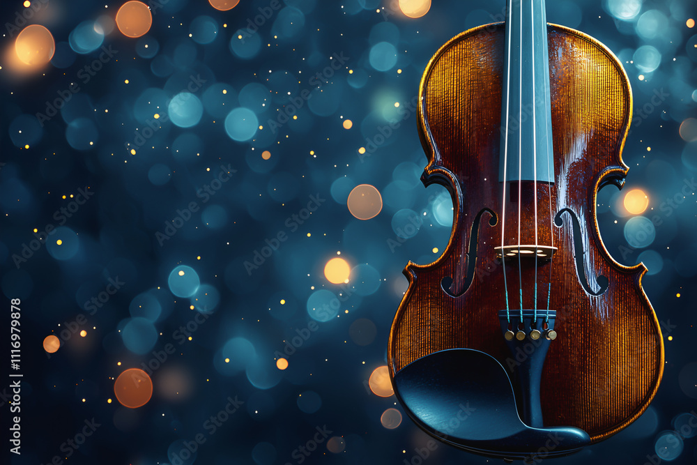 Fototapeta premium Classic Wooden Violin Set Against a Sparkling Bokeh Background 