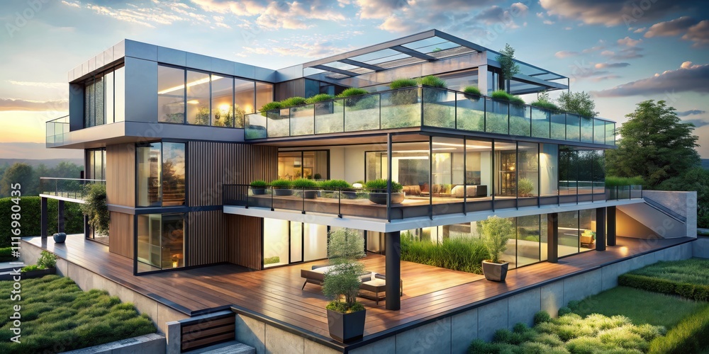 Futuristic multi-level house with glass facades, modular sections, and rooftop garden, futuristic, house Futuristic multi-level house with glass facades, modular sections, and rooftop garden, futuristic, house