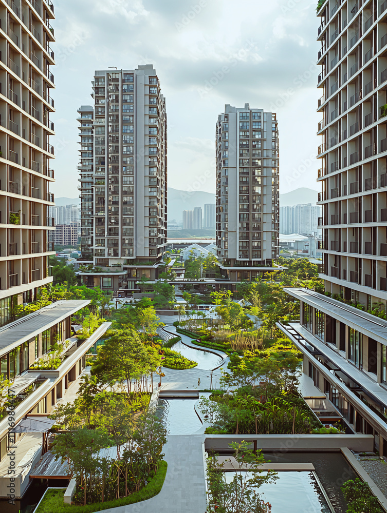 Obraz premium Luxurious Garden Courtyard Surrounded by Modern Twin Residential Towers 