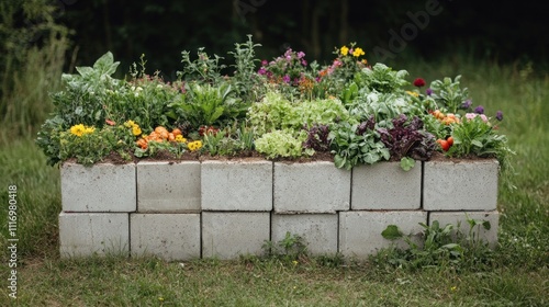 Fototapeta Naklejka Na Ścianę i Meble -  Vibrant raised garden bed with colorful flowers and vegetables.