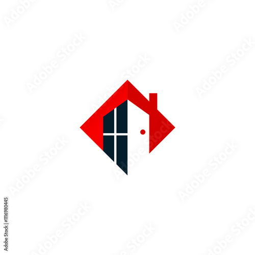 A house icon with a red roof, a black window, a white door, and a red diamond shape behind it